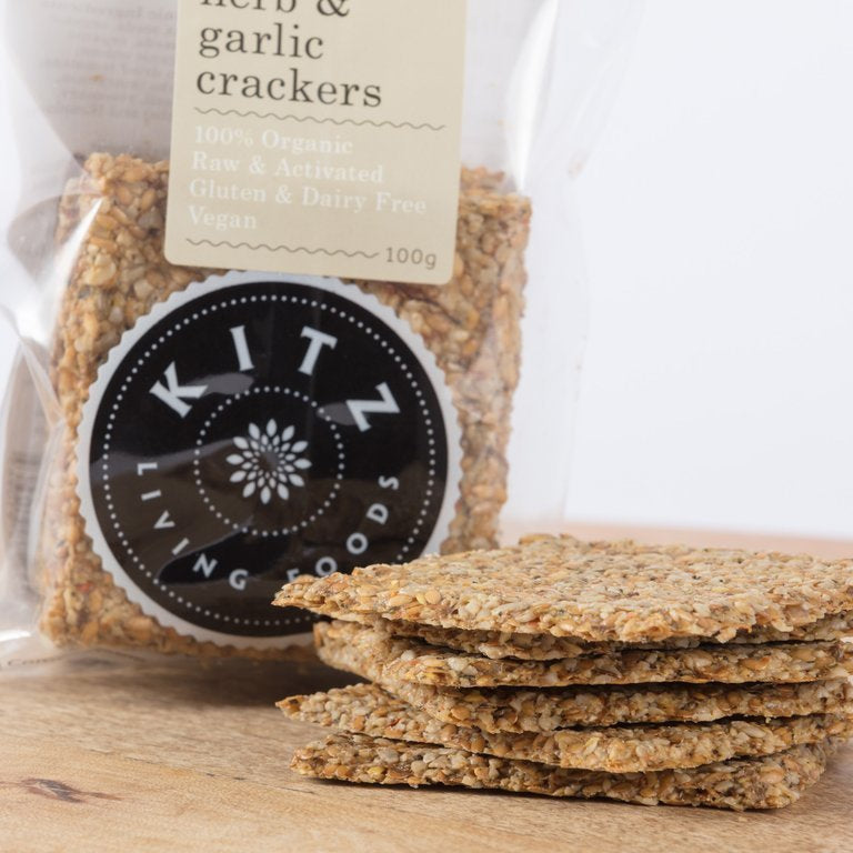 Kitz Living Foods - Italian Herb & Garlic Crackers - 100g - Everybody Loves Hampers - eco friendly gifts, sustainable gifts, earth friendly gifts, environmentally friendly gifts