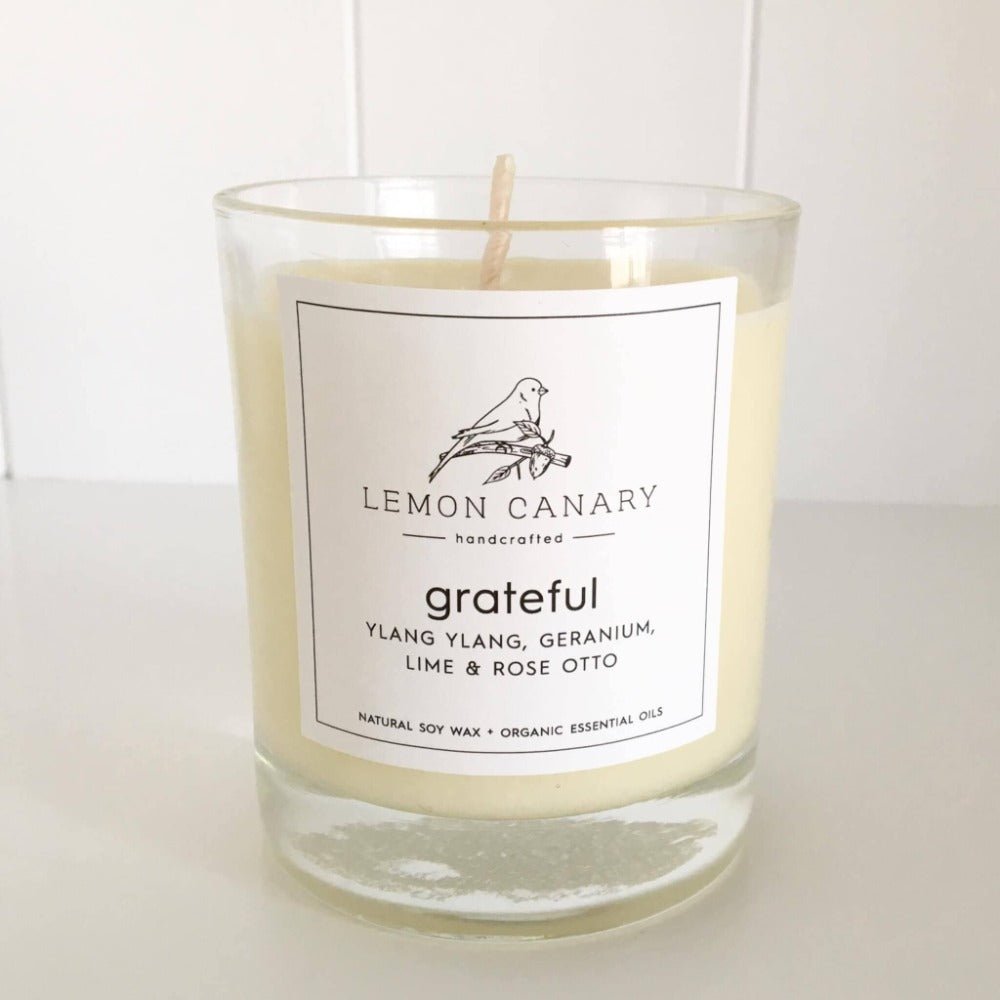 Lemon Canary - 100% ORGANIC ESSENTIAL OIL SCENTED CLASSIC VOTIVE SOY CANDLE - Gratitude - Everybody Loves Hampers