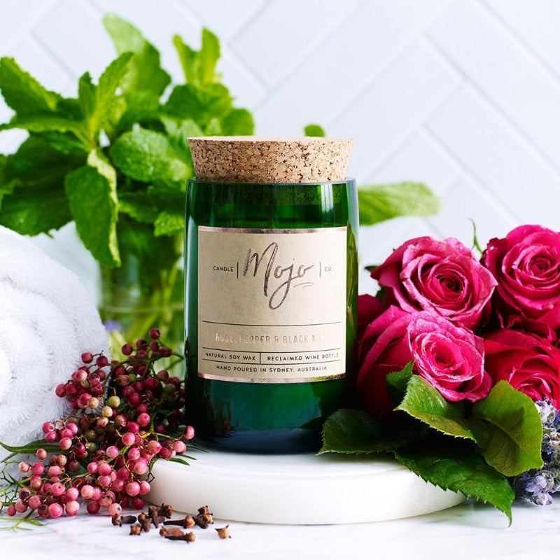Mojo Candle Co - Rose, Pepper &amp; Black Mint - Reclaimed Wine Bottle Soy Wax Candle - Everybody Loves Hampers - eco friendly gifts, sustainable gifts, earth friendly gifts, environmentally friendly gifts